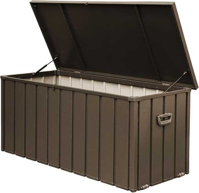 Metal Storage Box for Outdoor Dark Brown Lockable Water-Resistant Deck Box for Patio Garden Tools Organization Rust-Resistant Heavy-Duty Outside Storage Box (100 Gallon)