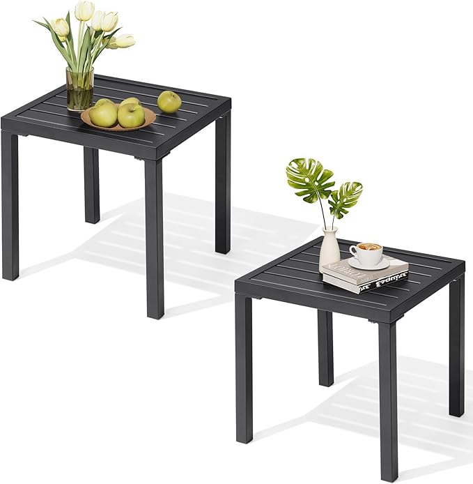 Crestlive Products Outdoor Side Table Set of 2 - Small Metal Square End Table - Easy to Assemble, Weather Resistant Ideal for Garden, Patio, Poolside, Beach, Balcony, Porch