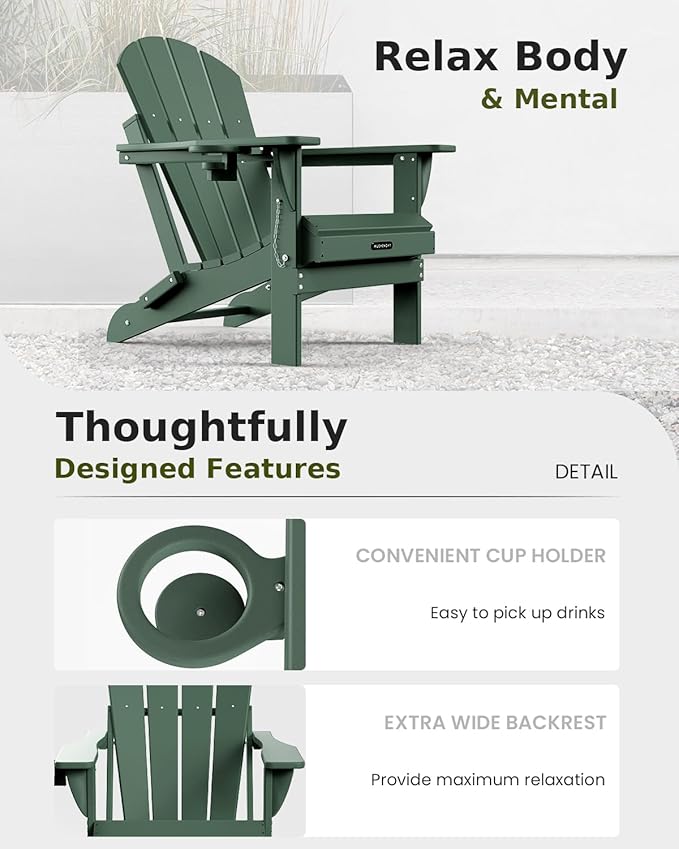 MUCHENGHY Folding Adirondack Chairs Set of 2, Patio Chairs, Lawn Chairs, Outdoor Chairs, Adirondack Chair Plastic, Fire Pit Chairs, Weather Resistant with Cup Holder for Deck, Backyard, Garden(Green)