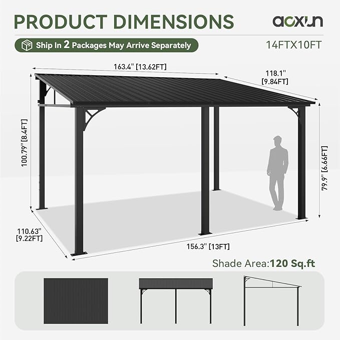 Aoxun 10' x 14' Lean to Gazebo, Upgraded Hardtop Outdoor Pergola with Sloping Galvanized Steel Roof, Large Wall-Mounted Heavy Duty Awnings for Patio, Backyard, Deck, Porch (Black)
