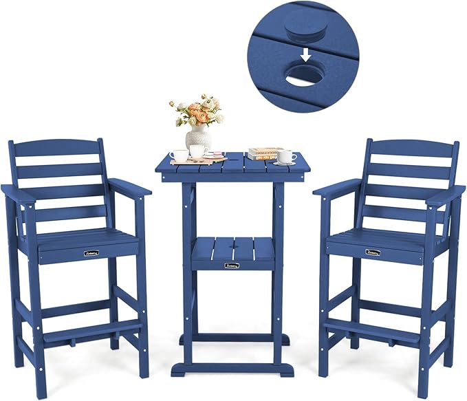 FUNBERRY Outdoor Bar Set with Umbrella Holes, Tall Adirondack Chairs and Table, All Weather HDPE Bar Height Outdoor Table and Chairs Set for Bistro Patio Balcony
