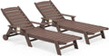 SERWALL Patio Chaise Lounge Chair Set of 2, 78'' Long 5-Positions Adjustable HDPE Outdoor Lounge Chair for Pool, Poly Lounge Chair with Rolling Wheels & Cup Holder for Poolside, Deck, Coffee Brown