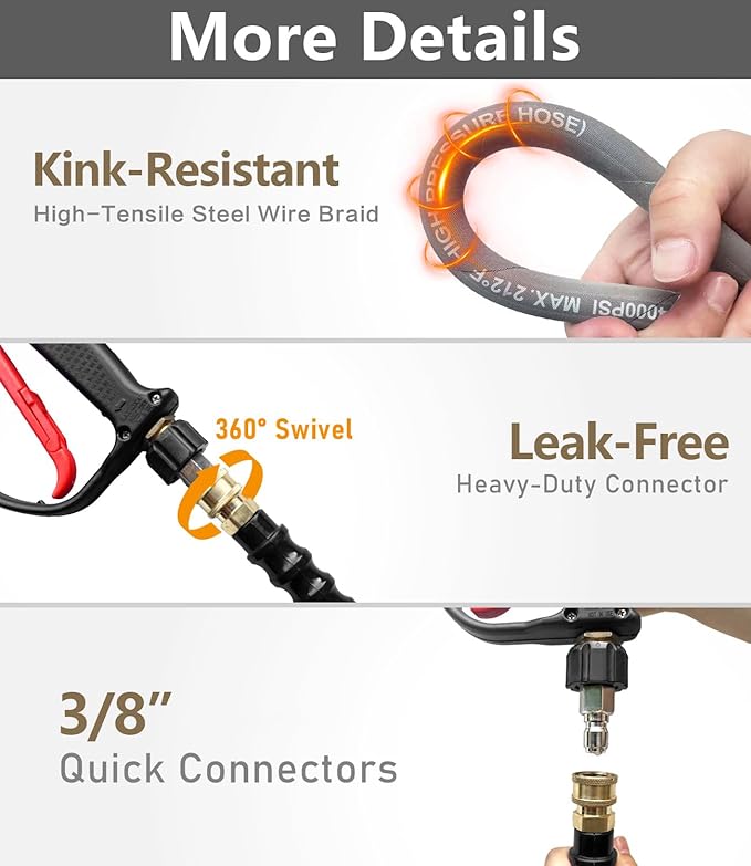 Pressure Washer Hose 100FT 4000 PSI, Kink Resistant Steel Braided Layer & NonMarking Rubber for Hot/Cold Water, High Power Washer Hose With 3/8 Inch Quick Connect & M22 Fitting, Gray