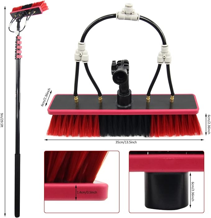 Water Fed Pole Kit,30ft Length Window Cleaning Poles,Water Fed Brush,Aluminum Outdoor Window Cleaner,Extendable Telescopic Pole Water Fed Brush Spray Washer for Window Glass/Solar Panel