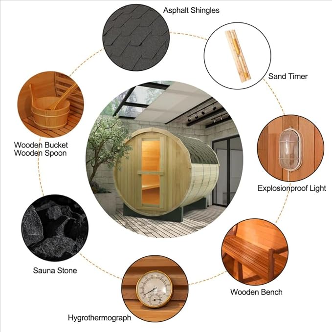 ZONEMEL Outdoor Barrel Steam Sauna, Canadian Hemlock Sauna Room for 3-4 Person with 4.5KW ETL Certified TOULE Heater, Rocks, 8mm Tempered Glass, Waterproof System