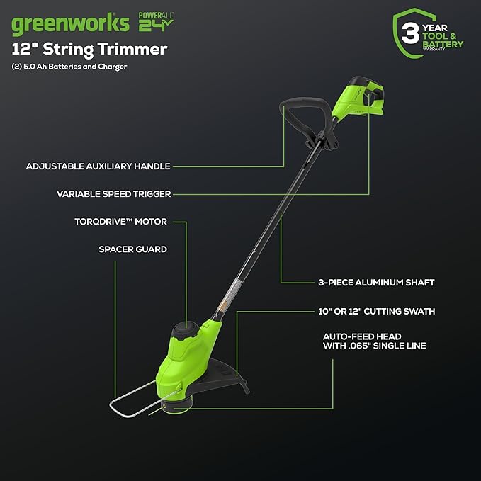 Greenworks 48V (2x24V) Cordless Yard Tool Combo - 21" Self - Propelled Lawn Mower, 12" Trimmer, Blower + 24V Cordless Battery Car Jack