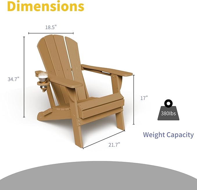 Kingdura Foldable Adirondack Chair, Portable HDPE All Weather Resistant Outdoor Patio Chair, Wooden Textured with Cup Holder, 380LBS Capacity for Poolside, Backyard, Deck, Fire Pit (Brown