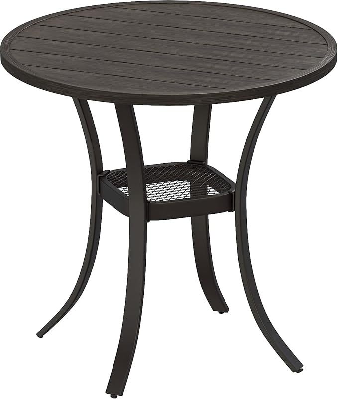 VICLLAX Round Patio Dining Table, Metal Outdoor Bistro Table with Storage Shelf for Balcony Garden Deck, 27.6" Ash Grey