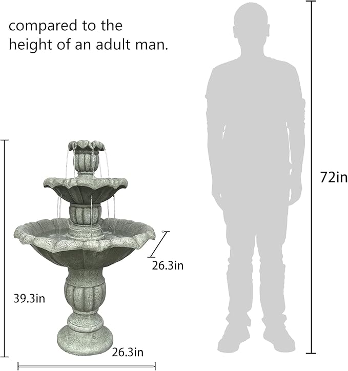 39.3” H Outdoor Floor Water Fountain, 3-Tiers Concrete Water Fountain with Submersible Electric Pump - Garden Cascading Waterfall for Yard Patio Lawn Home Decor