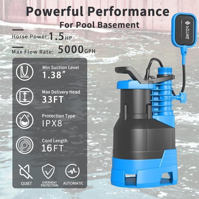 FOTING 1.5HP Sump Pump Automatic & Maunal Mode,with Float Switch, 5000GPH Big Flow Clean & Dirty Submersible Water Pump, 16FT Electric Utility Pump for Pool Draining Hot Tub Garden Basement