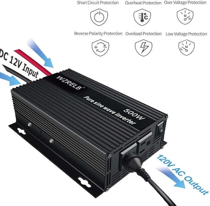 WZRELB 500W Pure Sine Wave Inverter 24VDC to 120VAC Solar Power Converter Truck RV Home LCD Display