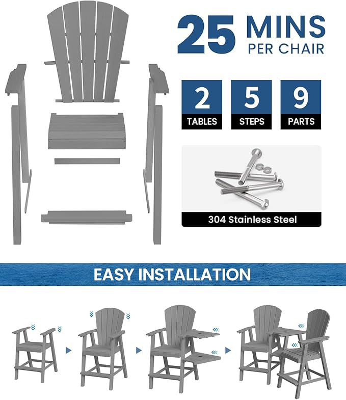 Ciokea Tall Adirondack Chairs Set of 2, HDPE Outdoor Adirondack Bar Stools with Double Connecting Tray, Weather Resistant High Back Adirondack Balcony Chairs for Deck, Lawn, Pool, Backyard, Grey