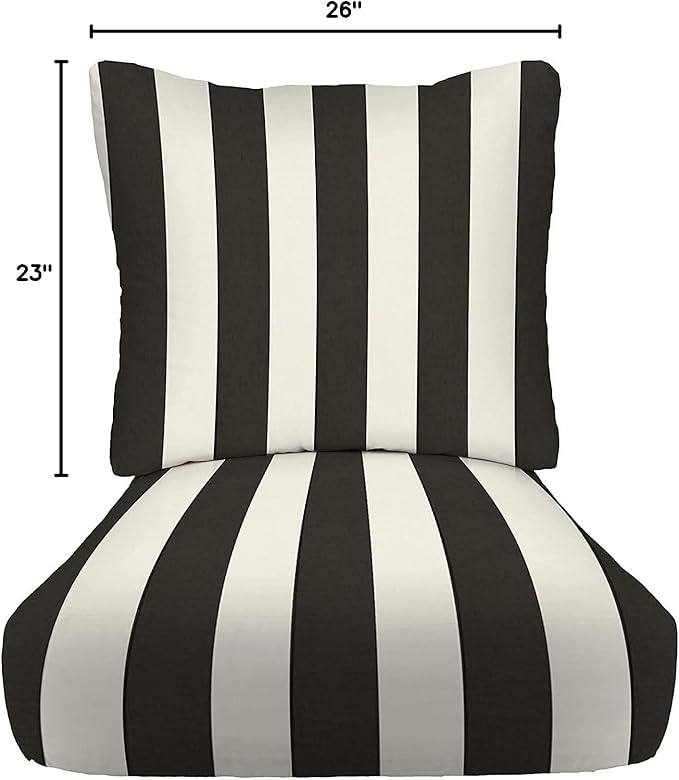 RSH DECOR: Deep Seating Cushion with Pillow Back | 23” x 26” Seat | All-Weather Spun Fabric | Water and Fade-Resistant | Outdoor Chair Cushion Set for Patio Furniture | Black & White Stripe