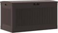 Suncast 80-Gal. Waterproof Resin Large Outdoor Patio Deck Box with Pad-Lockable Lid, Modern Outdoor Patio Bench/Storage Box for Cushions, Garden Tools, and More, Java