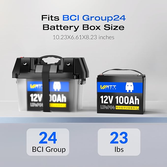 Wattcycle 12V 100Ah LiFePO4 Lithium Battery 4 Pack - BCI Group 24, 15000 Cycles, Built-in 100A BMS, Low-Temperature Protection - Ideal for RVs, Golf Cart, Home Energy Storage, Marine (4 Pack)
