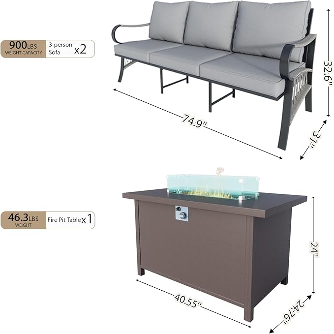 3 Pieces Patio Conversation Sets, All Weather Metal Outdoor Furniture Set, 2 Three-Seater Sofas, 1 Fire Pit Table for Backyard Garden Deck Porch Poolside, Gray