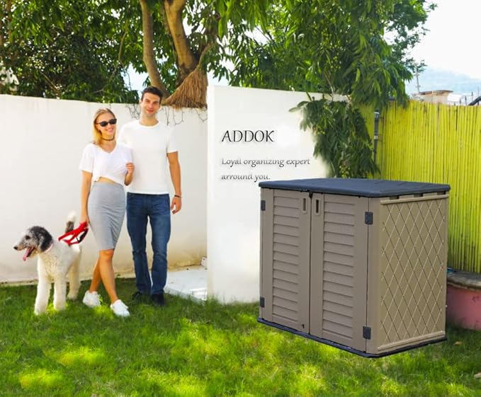 ADDOK 26 Cu.ft Outdoor Storage Shed Multi-Function, Lockable Horizontal Storage Unit Weather Resistance, Thick HDPE Resin Storage Cabinet for Backyards, Patio, Garden(Brown)