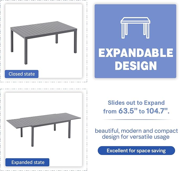 Soleil Jardin Aluminum Patio Extendable Dining Table, 63" - 105", Adjustable Indoor Outdoor Furniture Rectangle Table for 6-10 Person Porch Deck Garden, Dark-Grey