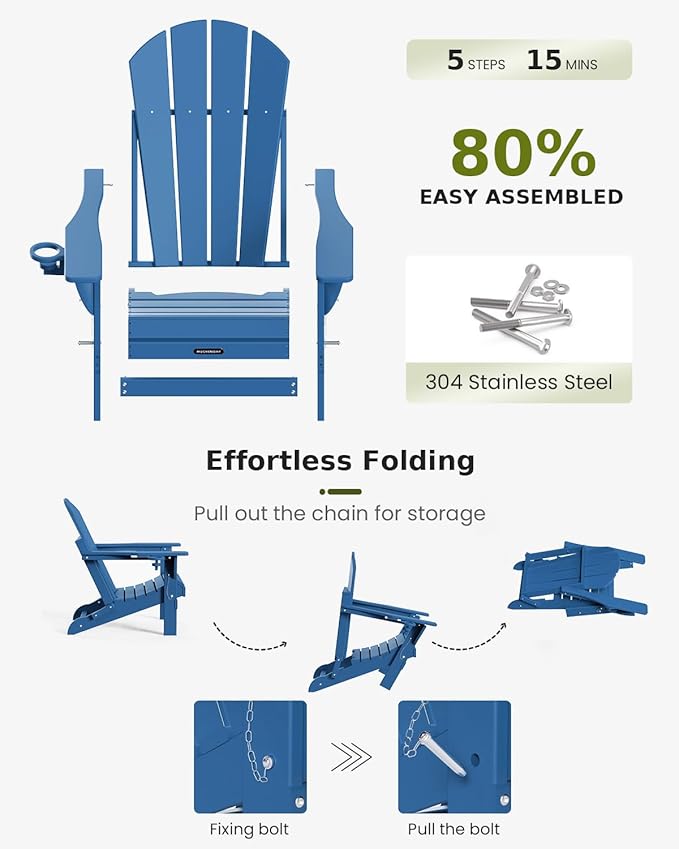 MUCHENGHY Folding Adirondack Chairs HDPE Weather Resistant 4 Pack, Patio Firepit Chairs, Sturdy Outside Chair, Lawn Chairs, 15min Assembly 380lb, Royal Blue