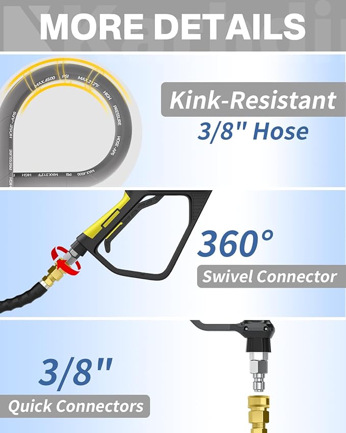 Pressure Washer Hose 100FT 3/8" for Cold and Hot Water 212°F, with Swivel Quick Connect, 4500PSI Kink Resistant Grade Steel Wire Braided, Power Washer Hose With 2pcs M22-14mm Adapter