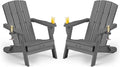 Folding Adirondack Chair Wood Texture 2 Pack, HDPE All-Weather Fire Pit Chairs, Plastic Adirondack Chairs with 2 Cup Holder, Outdoor Lawn Chair for Patio Garden (Grey)