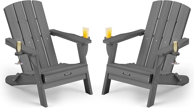 Folding Adirondack Chair Wood Texture 2 Pack, HDPE All-Weather Fire Pit Chairs, Plastic Adirondack Chairs with 2 Cup Holder, Outdoor Lawn Chair for Patio Garden (Grey)