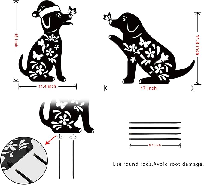 Metal Dog Garden Decor/Stakes,Gifts for Mother/Father/Dog Lovers,17" Outdoor Patio Decorative/Yard Art Statues,Weather Resistant Steel Animal Sculptures-Puppy Signs Lawn Ornaments,Set of 2.