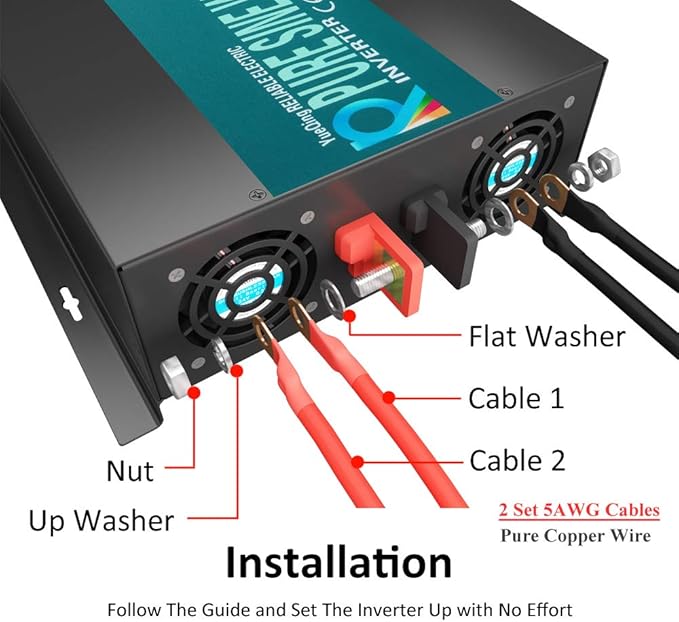WZRELB RBP-500012S Pure Sine Wave 5000W (10000W Surge) 12V Power Inverter DC to AC Power - Solar, RV, Black