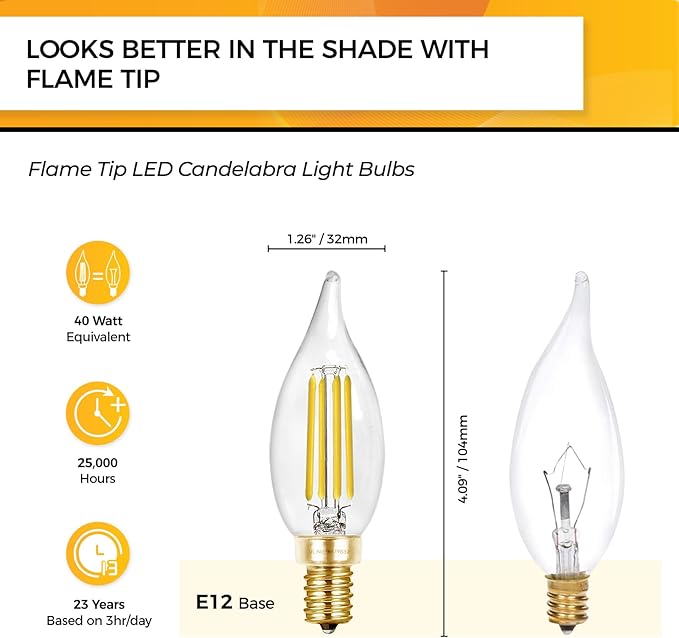 Hizashi Candelabra LED Light Bulbs, E12 LED Bulb 40W Dimmable, 90+ CRI 4W 450LM 5000K Daylight White, CA10 Chandelier Light Bulbs, Flame Tip Candle Light Bulbs, UL Listed - 12 Pack