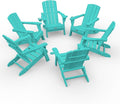 Folding Adirondack Chair Wood Texture 6 Pack, HDPE All-Weather Fire Pit Chairs, Plastic Adirondack Chairs with 2 Cup Holder, Outdoor Lawn Chair for Patio Garden (Lake Blue)