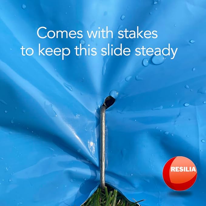RESILIA - Super Slip Lawn Water Slide Extreme, 150 Feet Long x 12 Feet Wide, for Adults and Teens, Powder Blue with Hold Steady Stakes, Made in The USA