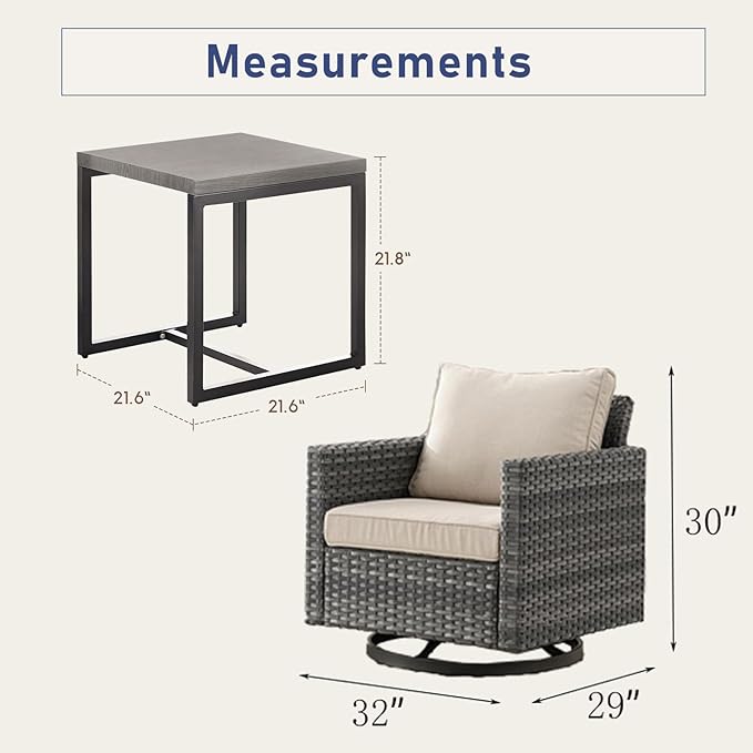 Chair, 360-degree Swivel Wicker Patio Rocker Chair Set of 2 with Side Table, Queen Anne Style, Grey/Beige, Outdoor Furniture