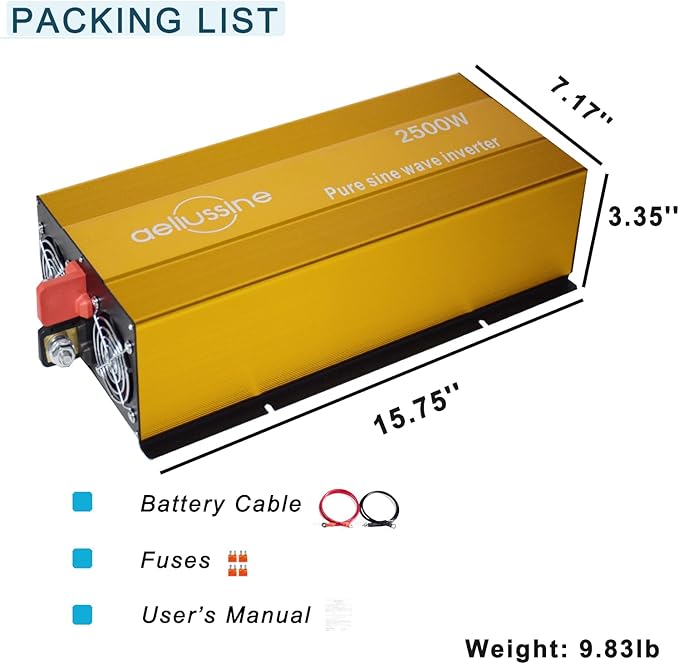 2500W Pure Sine Wave Inverter-12V DC to 110V 120V AC Power Converter with 2 AC Outlets, 12 Volt Power Inverter for Truck, Rv, Camping, Home, Emergency Power