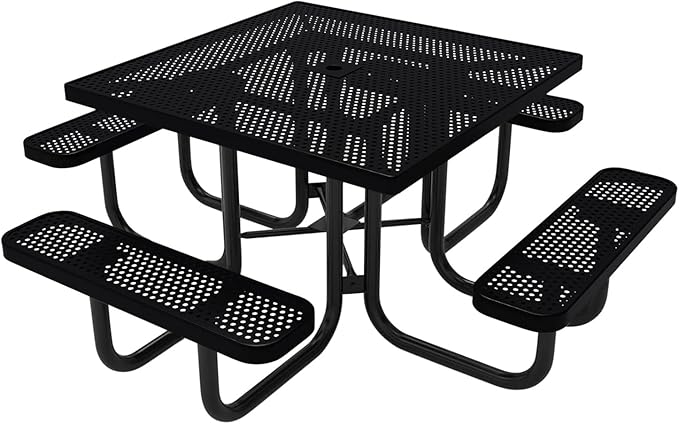COATEDOUTDOORFURNITURE Heavy-Duty Portable Outdoor Picnic Table with Umbrella Hole, Punched Steel Commercial-Grade Patio Dining Furniture Made in America (46" Square Top, Black)