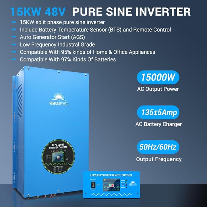 SUNGOLDPOWER 15000W 48V Inverter charger, Input 240V AC,Output 120/240V Split Phase Pure Sine Wave Inverter, Low Frequency Inverter, Heavy Duty Inverter for off Grid System（MPPT excluded）