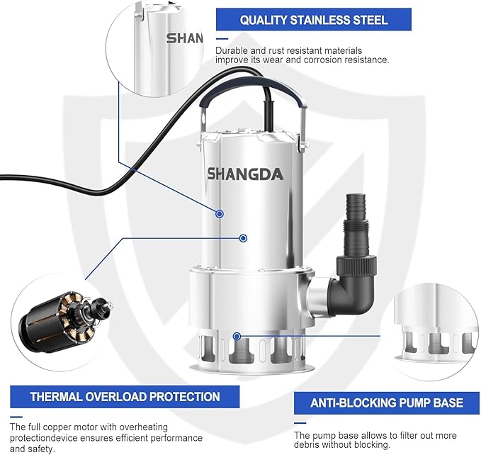 Sump Pump 1.6HP Submersible Water Pump 5500GPH Stainless Steel Electric Clean/Dirty Water Draining Transfer Pumps with Adapters for Pool Hot Tub Pond
