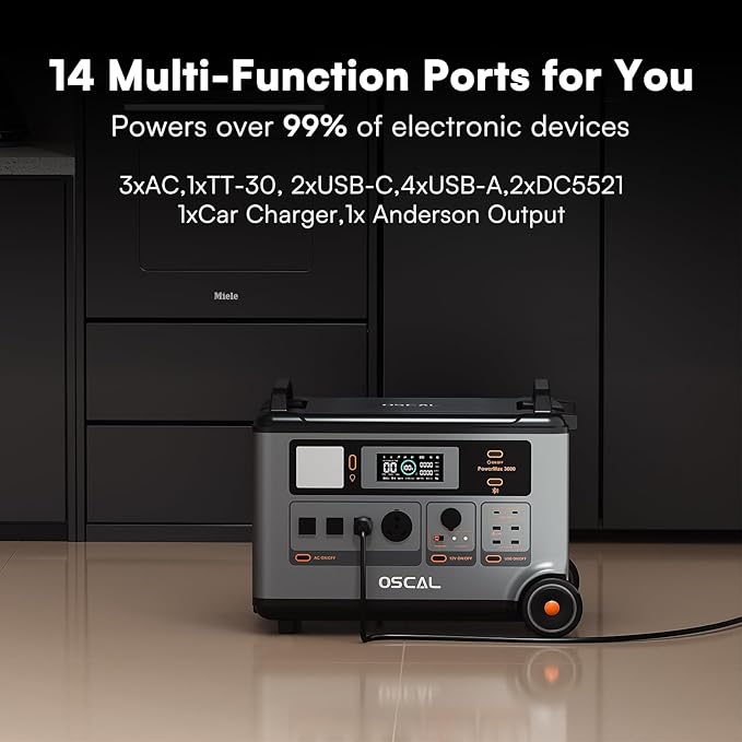 OSCAL 3600Wh Solar Generator PowerMax 3600, Solar Power Station with 4 AC Outlets (6000W Peak), 1.2H Full Charging, APP Control Emergency Power Station for Home, Camping & RVs, Battery Backup