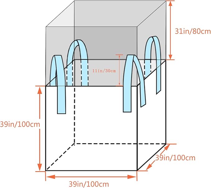 FIBC Bulk Bag - 2650 lbs Capacity, 39x39x39 inches, Polypropylene (PP), Open Top, White, Rectangular, Reusable, 10-Pack