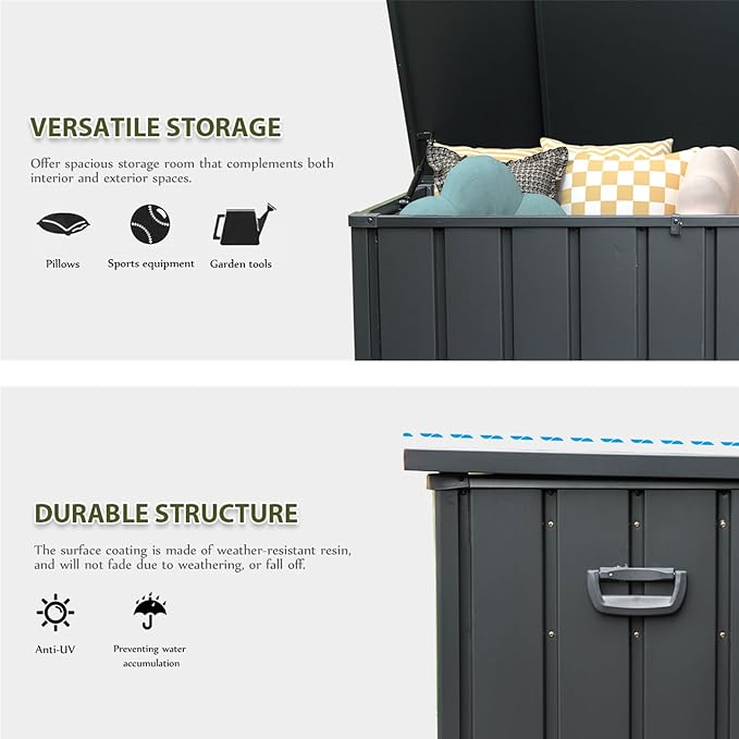 CHUNLY 100 Gallon Metal Waterproof Storage Deck Box with Lockable Lids Indoor Outdoor Storage Bench Patio Storage Bin for Outside Cushions, Throw Pillows, Garden Tools (Dark Gray)