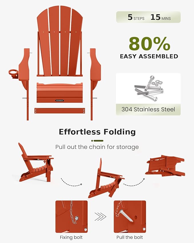 MUCHENGHY Folding Adirondack Chairs Set of 2, Patio Chairs, Lawn Chairs, Outdoor Chair, Adirondack Chair Plastic, Fire Pit, Weather Resistant with Cup Holder for Deck, Backyard, Garden(Orange)