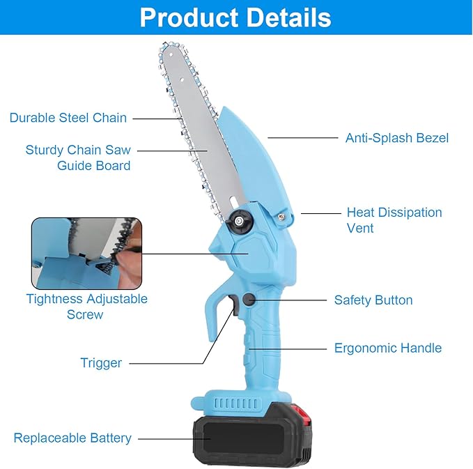 Mini Chainsaw Cordless 8 Inch, Battery Powered Electric Chainsaw with Security Lock, Small Handheld Chain Saw for Tree Branches, Cordless Hand Saw for Wood Cutting, Blue