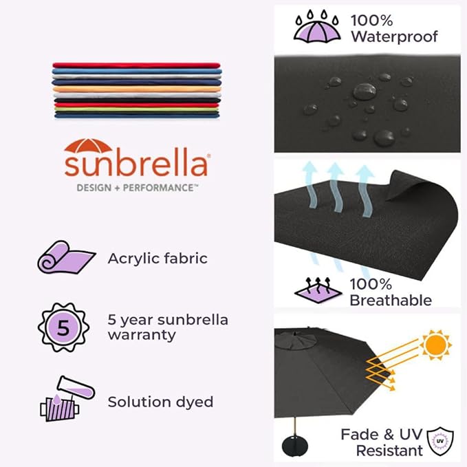 Midtown Umbrellas The Wooden 9 Feet Patio Umbrella With Sunbrella Black Acrylic Fabric - Aluminum Frame Market Umbrella For Backyard, Deck, Garden, Pool - Wooden Pole