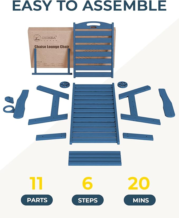Lounge Chair Outdoor, Oversized Chaise Lounge Chair with 5 Positions, HDPE, Patio Lounge Chair with Wheels & Cup Holder for Pool, Deck, Poolside, Azure Blue