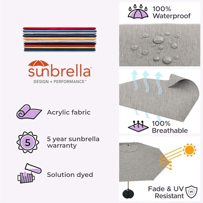 Midtown Umbrellas The Wooden 10 Feet Patio Umbrella With Sunbrella Cast Slate Acrylic Fabric - Aluminum Frame Market Umbrella For Backyard, Deck, Garden, Pool - Wooden Pole
