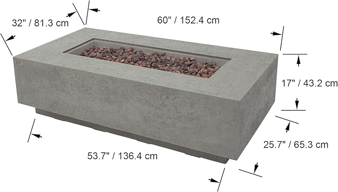 AMS Creations | Madison 60" Rectangular Natural Gas Outdoor Fire Pit Table | Light Gray Concrete GFRC | Limestone Texture or Surface | Electronic Ignition | Outside Backyard Fireplace