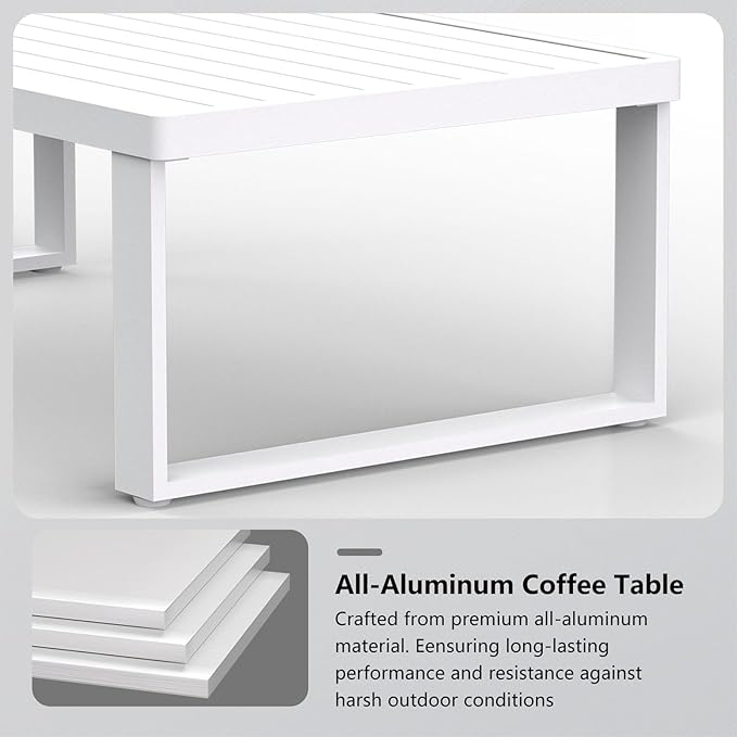 Aluminum Outdoor Coffee Table - White Rectangle Patio Tables for Deck, and Poolside