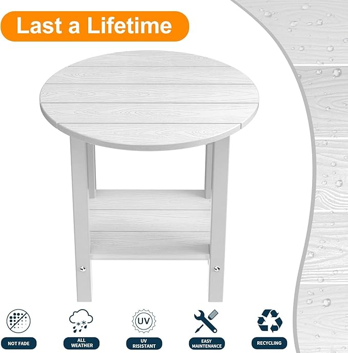 MXIMU Round Outdoor Side Table Adirondack Tables 18 Inch Chairside End Tables with Storage Shelf, 2-Tier Plastic Patio Side Table, Weather Resistant for Balcony Backyard Lawn (White, 2 Pack)