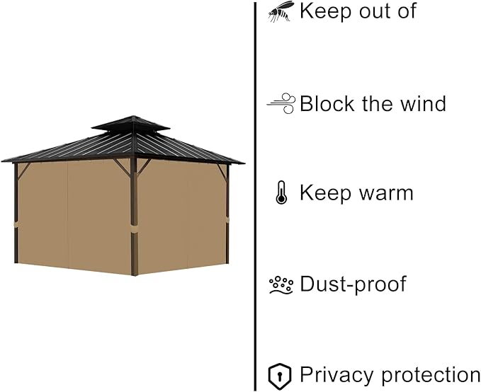 Gazebo Universal Replacement Privacy Curtain, 10'X12' Gazebo Outdoor Waterproof, 4-Panels Sidewall Curtains with Zipper for Patio, Garden and Backyard (Only Curtains, 10'X12', Brown)