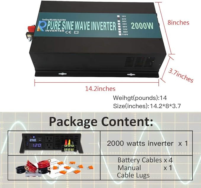 WZRELB 2000W 48V 120V Pure Sine Wave Power Inverter with 2 AC Outlets,Car Inverter