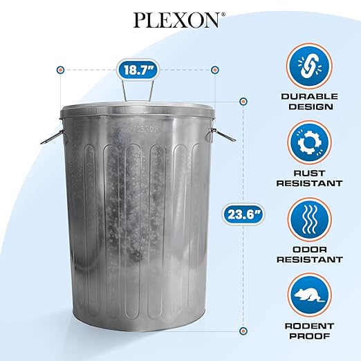 Plexon 20 Gallon Metal Trash Can with Lid Outdoor Galvanized Steel Large Garbage Can